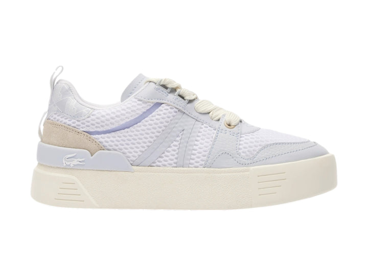 Tenis Lacoste de plataforma en color blanco y turquesa claro con detalles de malla y suela gruesa.