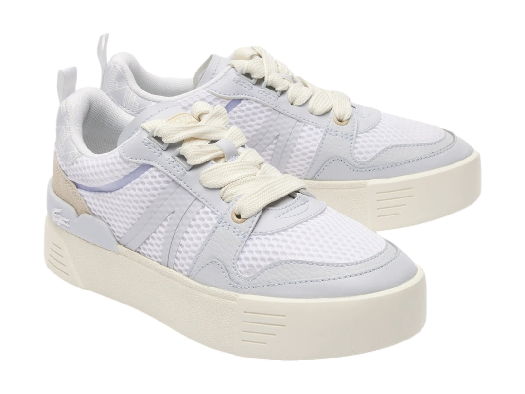 Tenis Lacoste de plataforma en color blanco y turquesa claro con detalles de malla y suela gruesa.