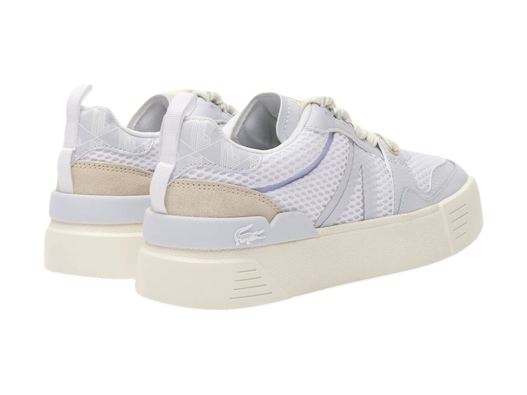 Tenis Lacoste de plataforma en color blanco y turquesa claro con detalles de malla y suela gruesa.