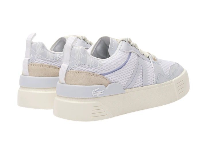Tenis Lacoste de plataforma en color blanco y turquesa claro con detalles de malla y suela gruesa.