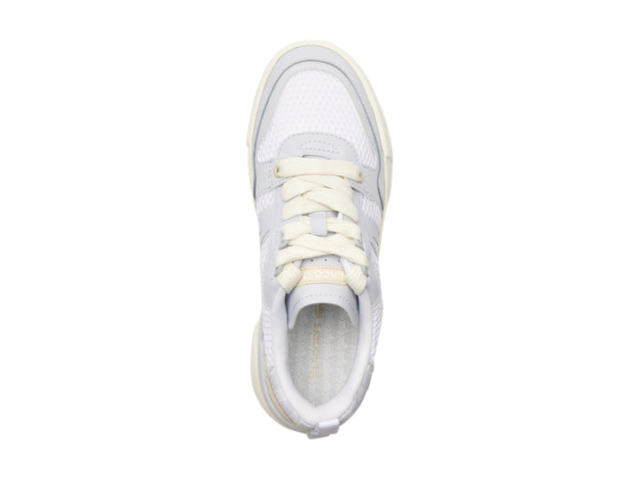 Tenis Lacoste de plataforma en color blanco y turquesa claro con detalles de malla y suela gruesa.