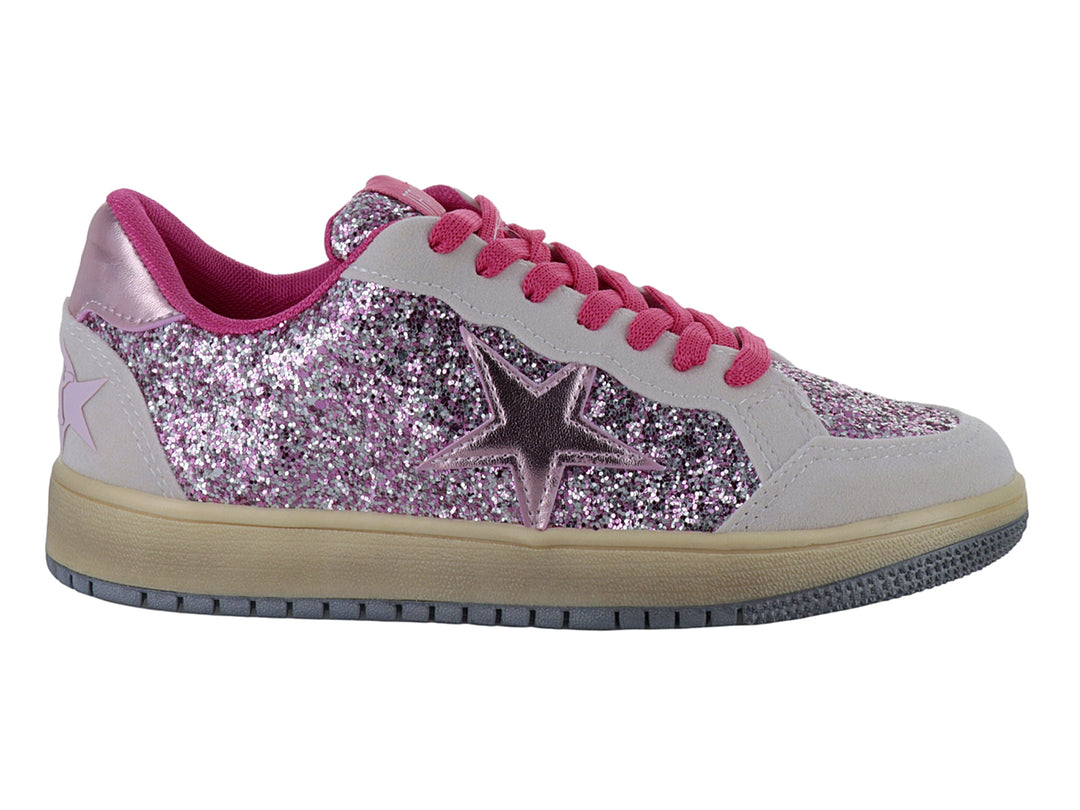 Tenis infantiles color rosa con brillos, detalles en gris y una estrella en el lateral.