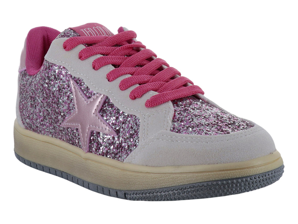 Tenis infantiles color rosa con brillos, detalles en gris y una estrella en el lateral.