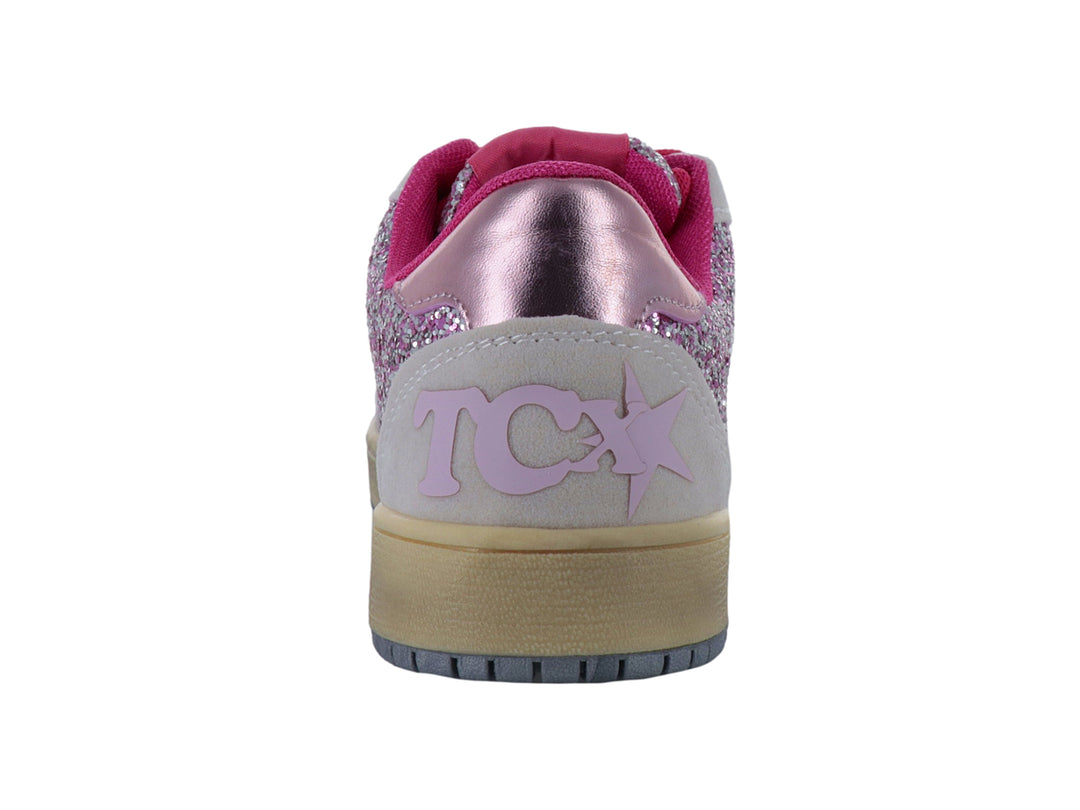 Tenis infantiles color rosa con brillos, detalles en gris y una estrella en el lateral.