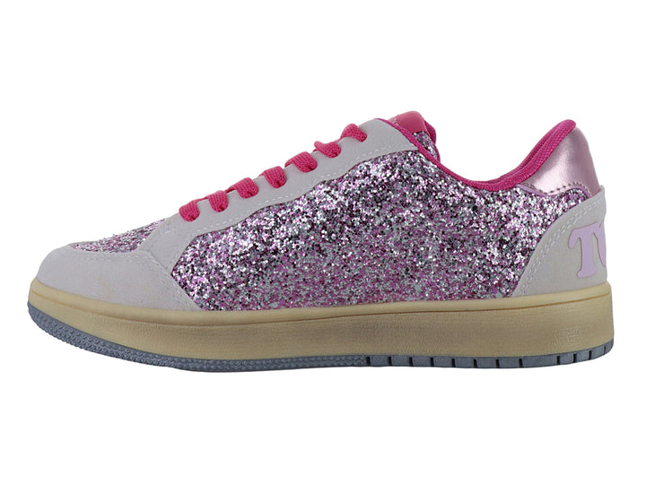 Tenis infantiles color rosa con brillos, detalles en gris y una estrella en el lateral.