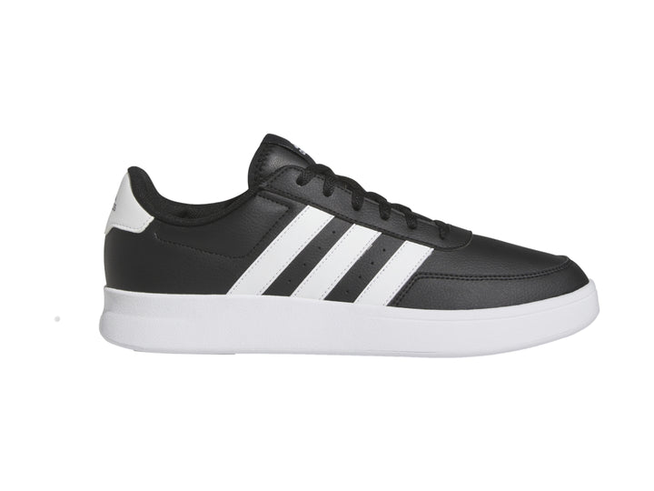 Tenis Adidas Breaknet 2.0 color negro con tres franjas blancas y suela blanca.