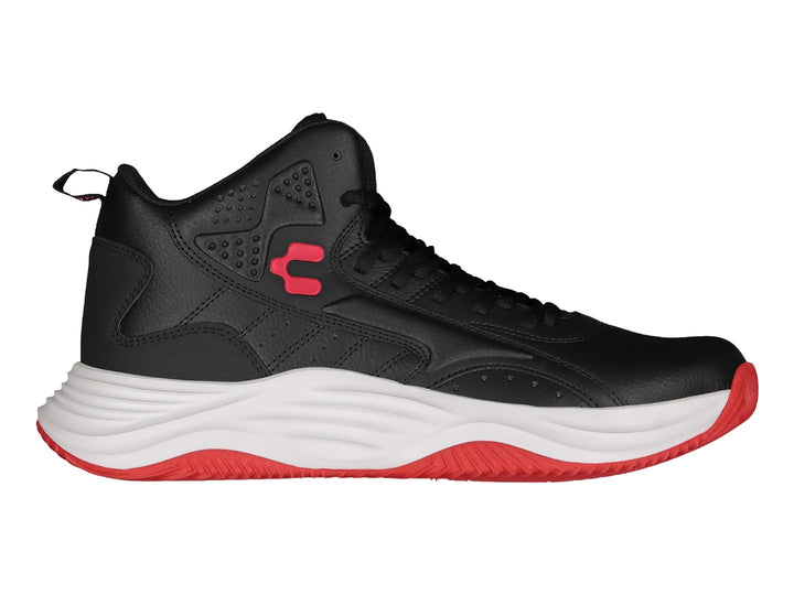 Tenis de baloncesto Charly en color negro con suela blanca y detalles en rojo, diseño de corte alto.