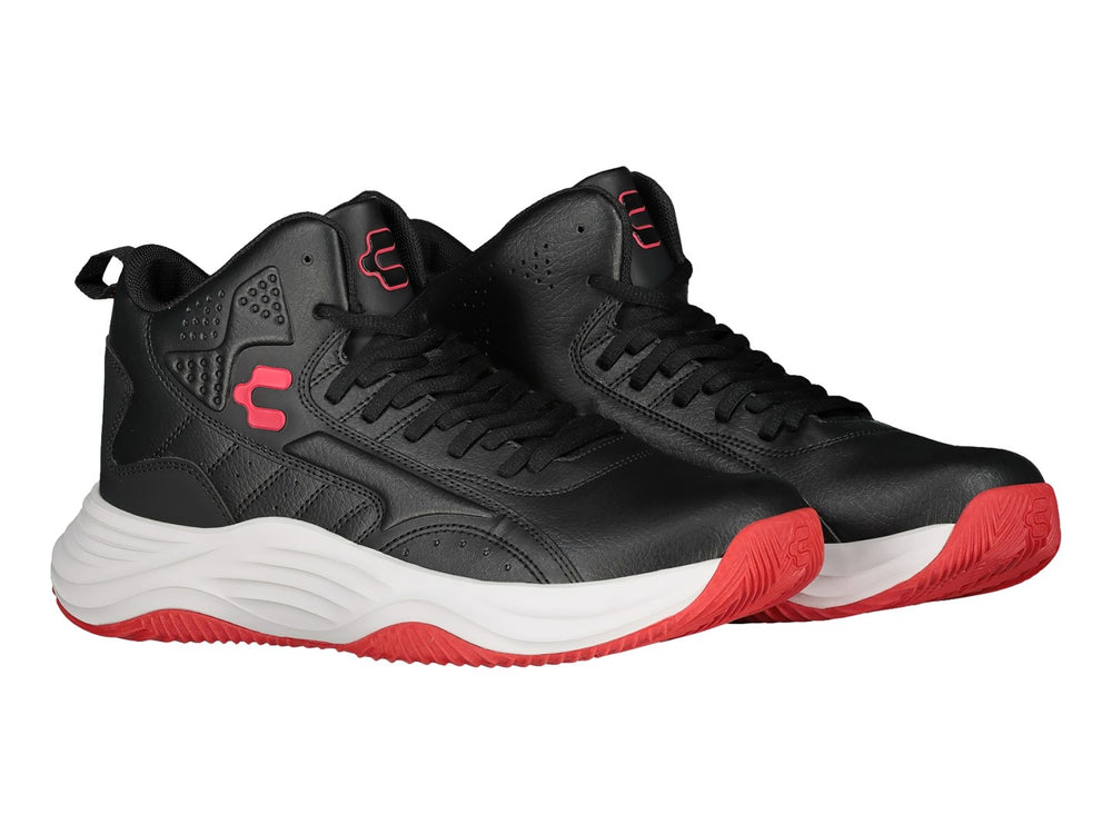 Tenis de baloncesto Charly en color negro con suela blanca y detalles en rojo, diseño de corte alto.