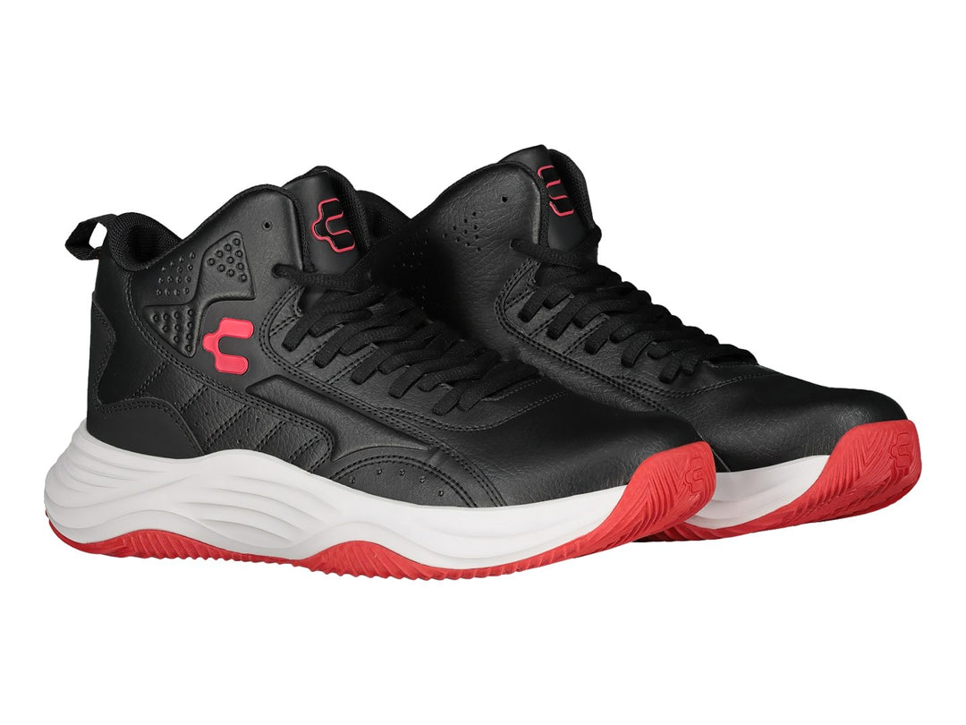 Tenis de baloncesto Charly en color negro con suela blanca y detalles en rojo, diseño de corte alto.