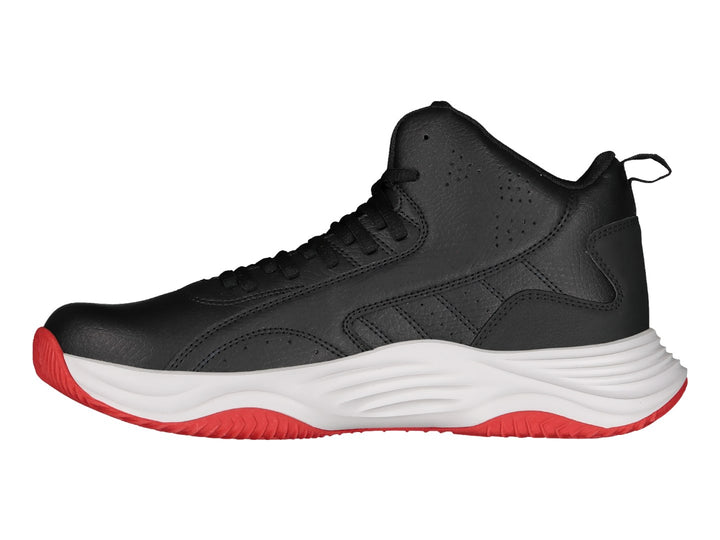 Tenis de baloncesto Charly en color negro con suela blanca y detalles en rojo, diseño de corte alto.