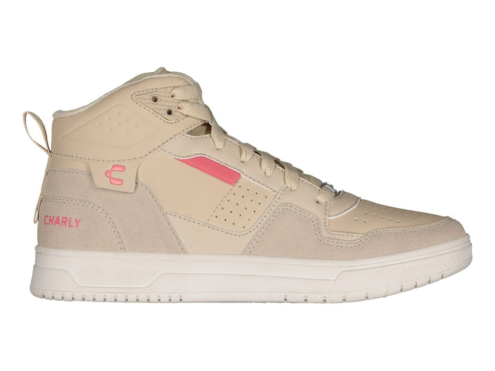 Tenis Charly color beige estilo bota con detalles en rosa y suela blanca.