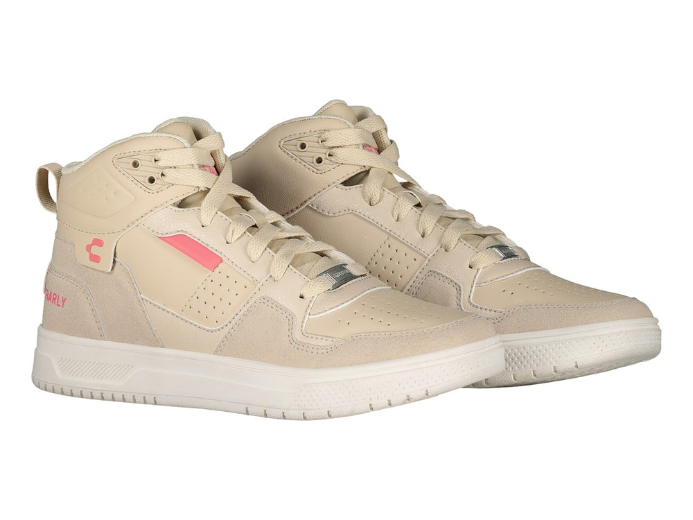 Tenis Charly color beige estilo bota con detalles en rosa y suela blanca.