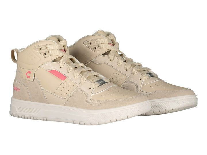 Tenis Charly color beige estilo bota con detalles en rosa y suela blanca.