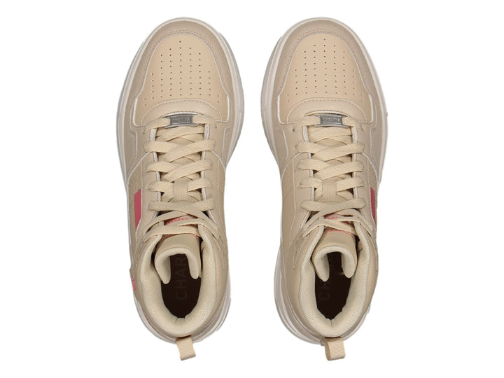 Tenis Charly color beige estilo bota con detalles en rosa y suela blanca.