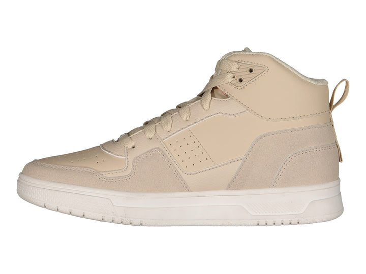 Tenis Charly color beige estilo bota con detalles en rosa y suela blanca.