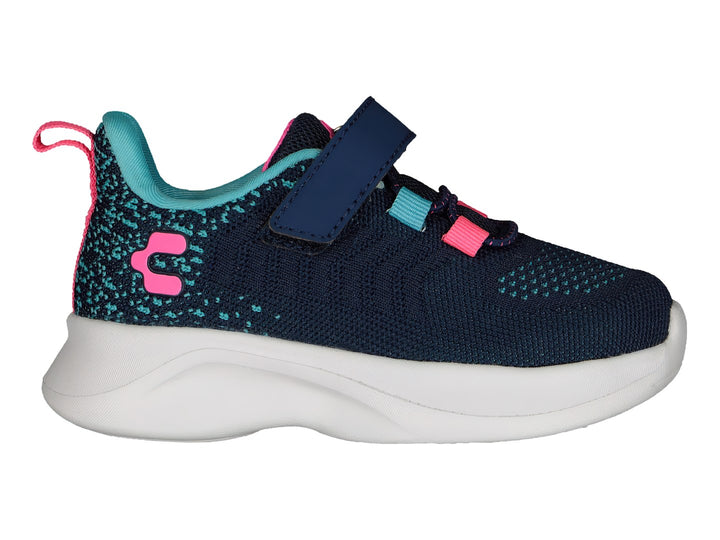Tenis deportivos Charly color marino con detalles en rosa y turquesa, suela blanca y cierre de velcro para niños.