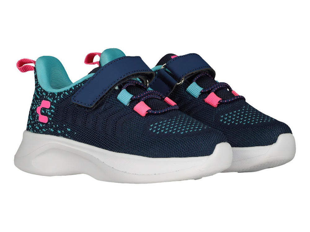 Tenis deportivos Charly color marino con detalles en rosa y turquesa, suela blanca y cierre de velcro para niños.