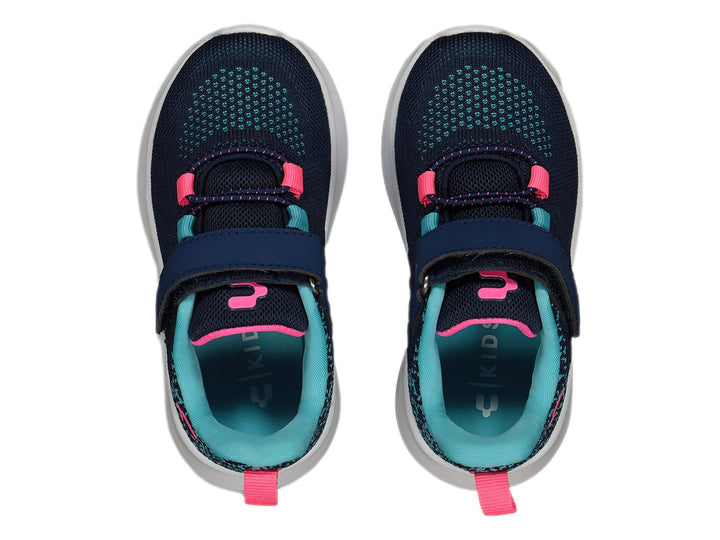 Tenis deportivos Charly color marino con detalles en rosa y turquesa, suela blanca y cierre de velcro para niños.
