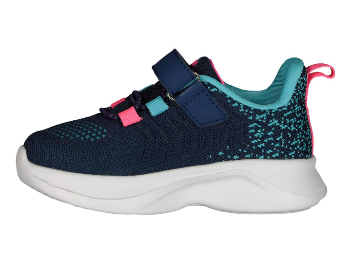 Tenis deportivos Charly color marino con detalles en rosa y turquesa, suela blanca y cierre de velcro para niños.