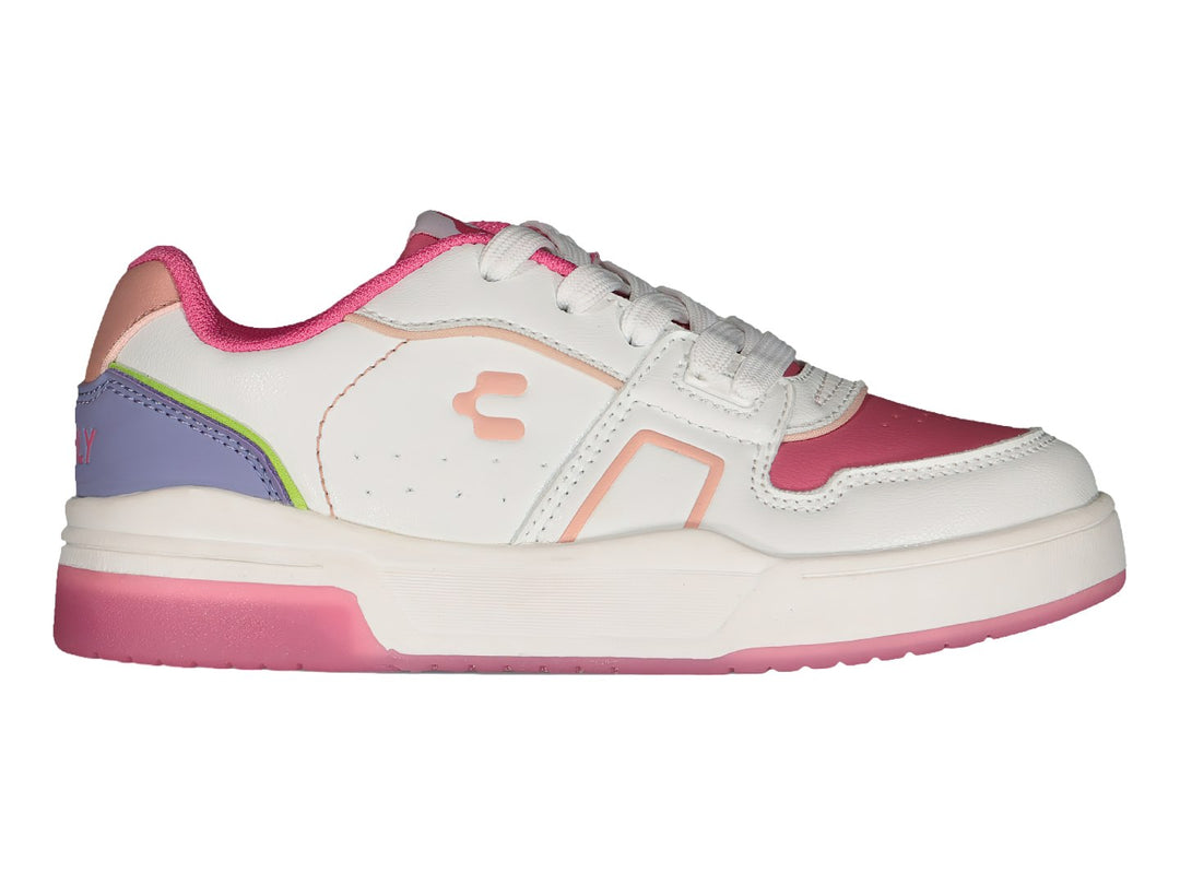 Tenis deportivos Charly blancos con detalles en rosa, morado y verde y suela rosa.