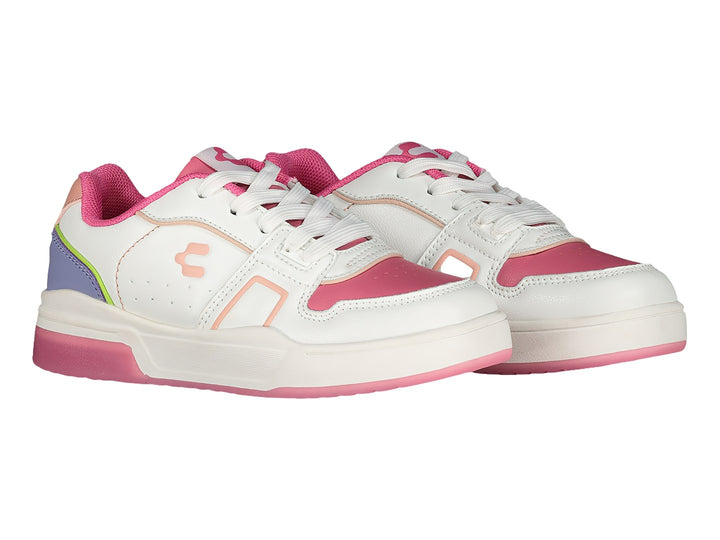Tenis deportivos Charly blancos con detalles en rosa, morado y verde y suela rosa.
