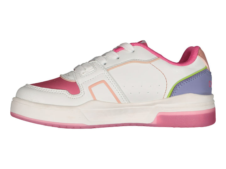 Tenis deportivos Charly blancos con detalles en rosa, morado y verde y suela rosa.