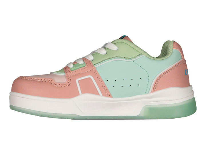 Tenis deportivos Charly en colores rosa y verde menta con suela blanca.
