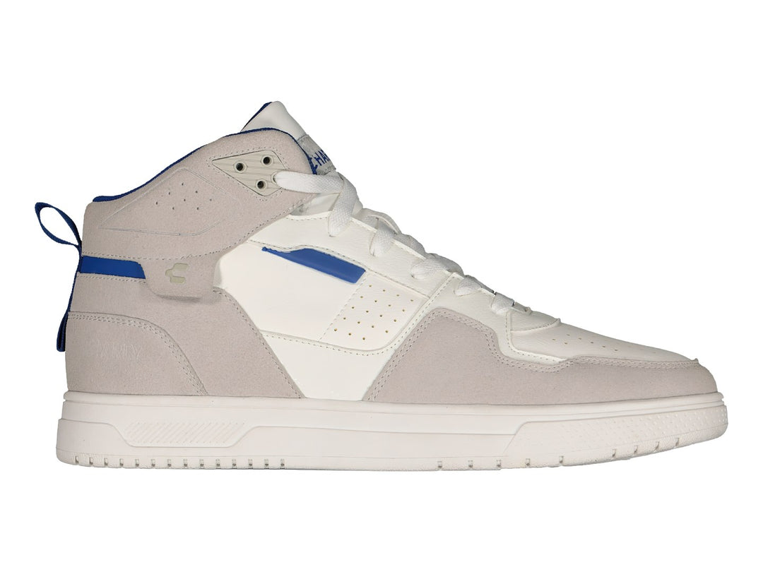 Tenis deportivos de corte alto marca Charly en color blanco y gris con detalles en azul.