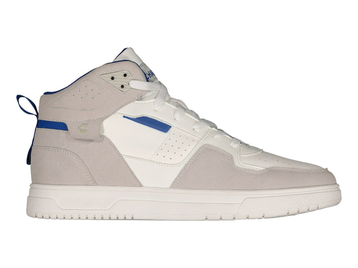Tenis deportivos de corte alto marca Charly en color blanco y gris con detalles en azul.
