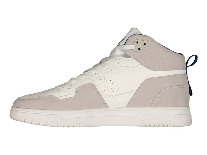 Tenis deportivos de corte alto marca Charly en color blanco y gris con detalles en azul.