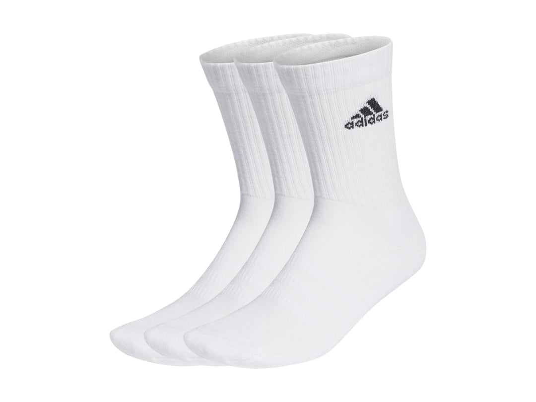 Pack de tres pares de calcetines blancos Adidas estilo crew con logo negro.