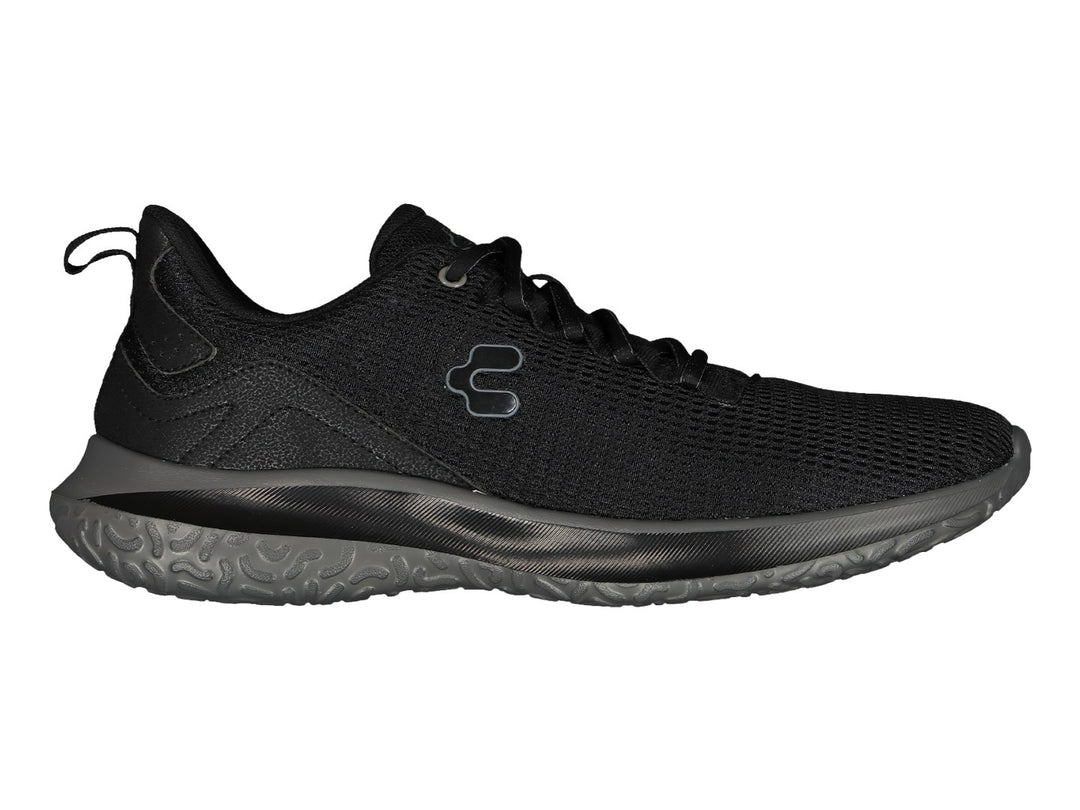 Tenis deportivos Charly color negro con suela gris oxford y tejido de malla.
