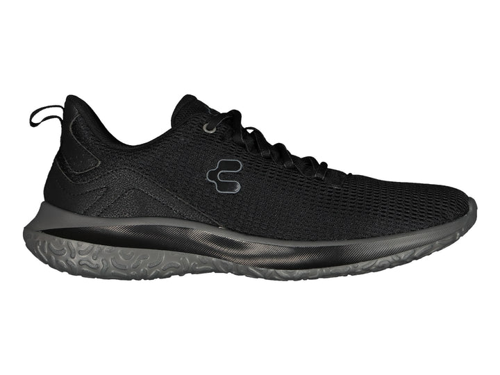 Tenis deportivos Charly color negro con suela gris oxford y tejido de malla.