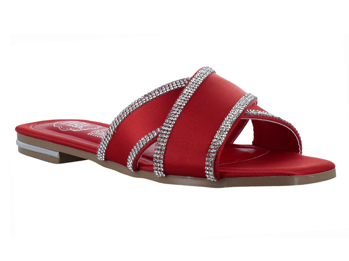 Sandalia plana color rojo con tiras decoradas con brillantes plateados y suela plana.