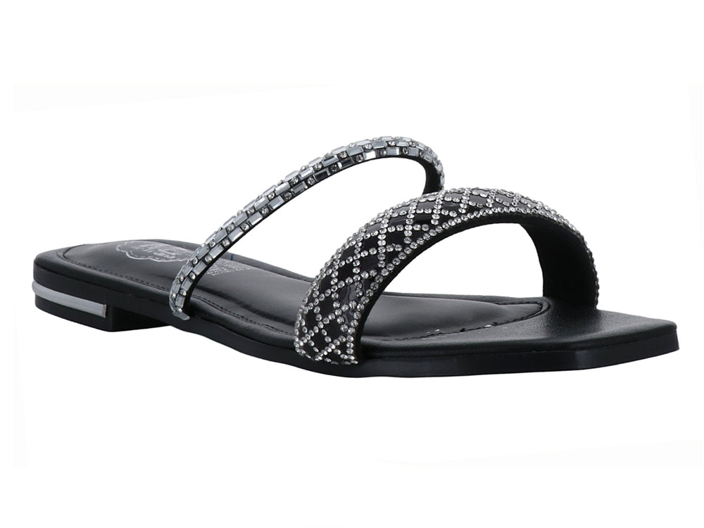 Sandalia plana color negro con tiras decoradas con pedrería brillante.