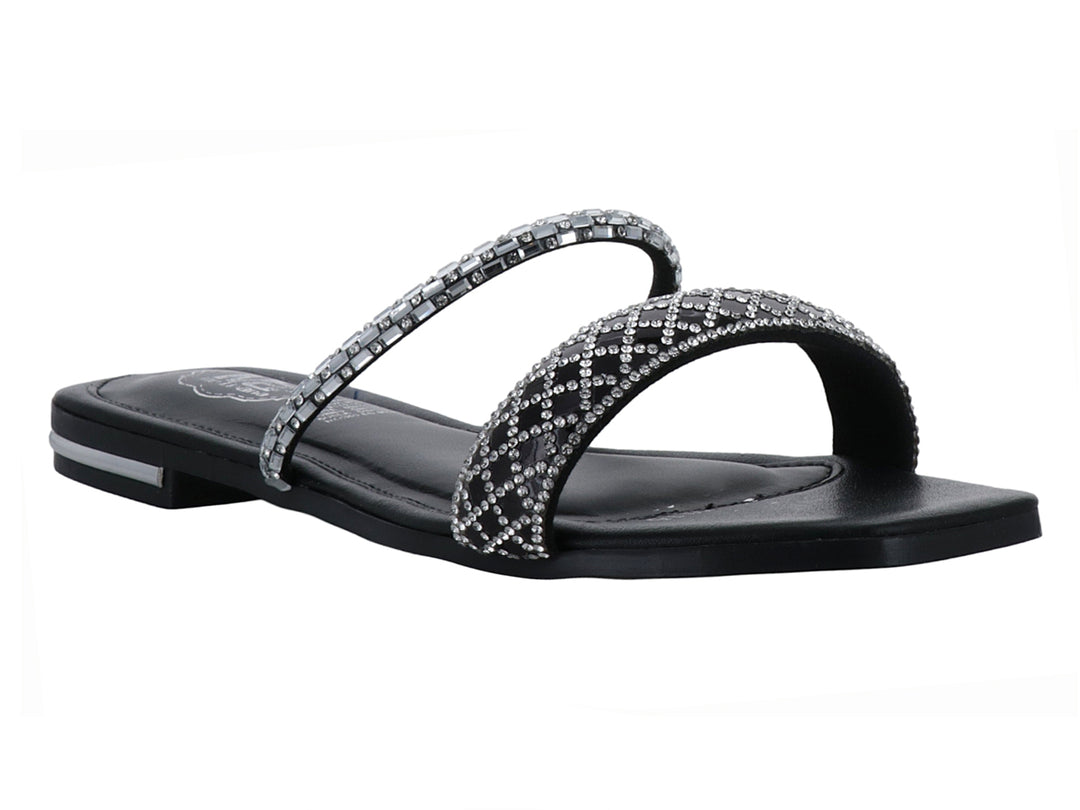 Sandalia plana color negro con tiras decoradas con pedrería brillante.