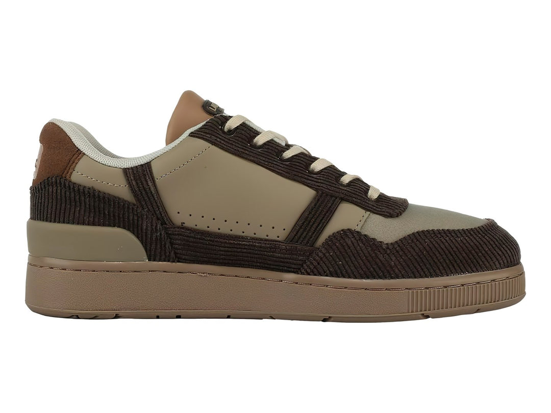 Tenis Lacoste T-Clip en tonos marrón y beige con detalles de textura acanalada y suela plana.