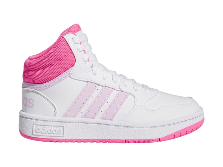 Tenis Adidas Hoops 3.0 Mid color blanco con detalles en rosa y morado claro.