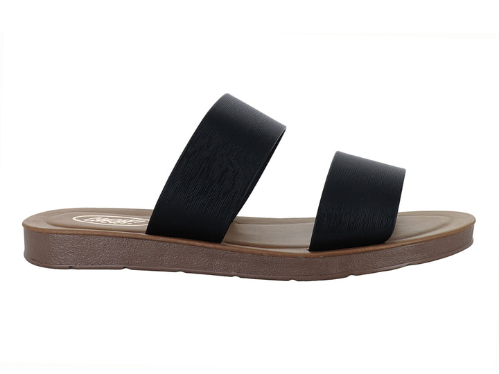 Sandalias negras de dos bandas con suela plana color marrón.
