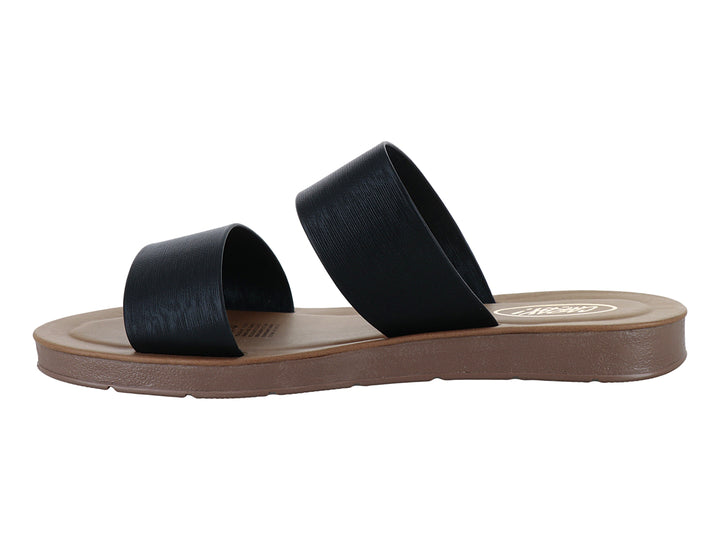 Sandalias negras de dos bandas con suela plana color marrón.
