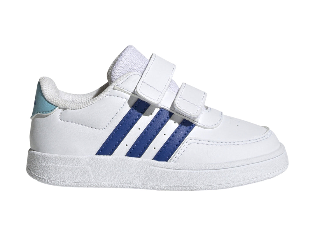 Tenis Adidas Breaknet 2.0 CF infantiles en color blanco con tres franjas azules y cierre de velcro.