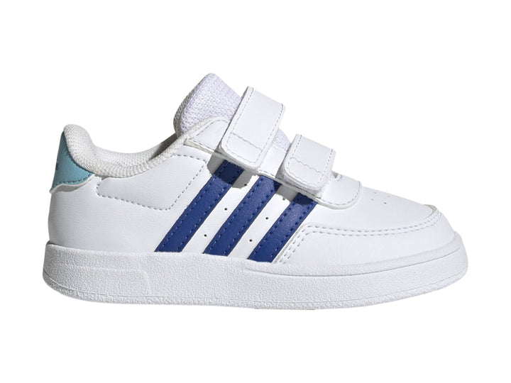 Tenis Adidas Breaknet 2.0 CF infantiles en color blanco con tres franjas azules y cierre de velcro.