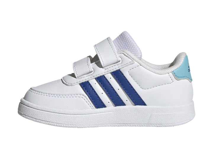Tenis Adidas Breaknet 2.0 CF infantiles en color blanco con tres franjas azules y cierre de velcro.