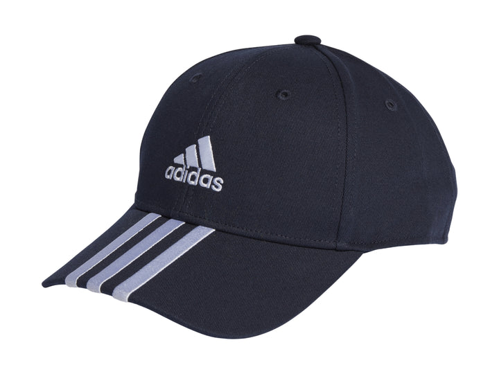 Gorra de béisbol Adidas color azul marino con logotipo blanco al frente y tres franjas blancas en la visera.