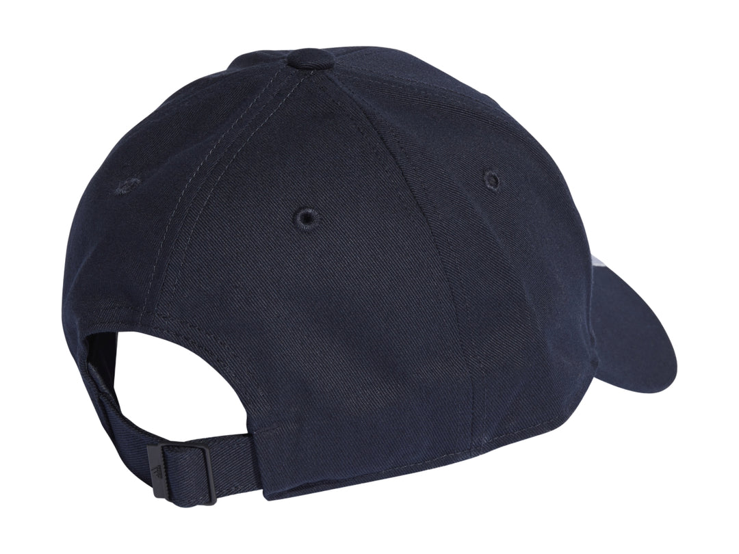 Gorra de béisbol Adidas color azul marino con logotipo blanco al frente y tres franjas blancas en la visera.