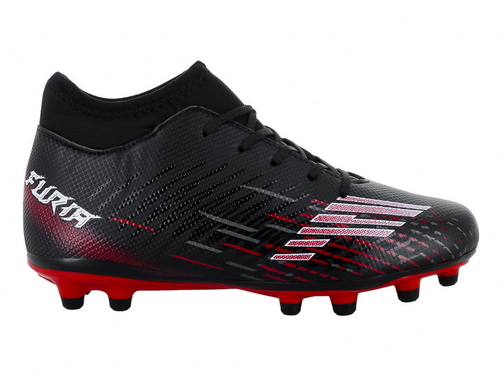Zapato de fútbol Furia para niños en color negro con suela roja y detalles blancos