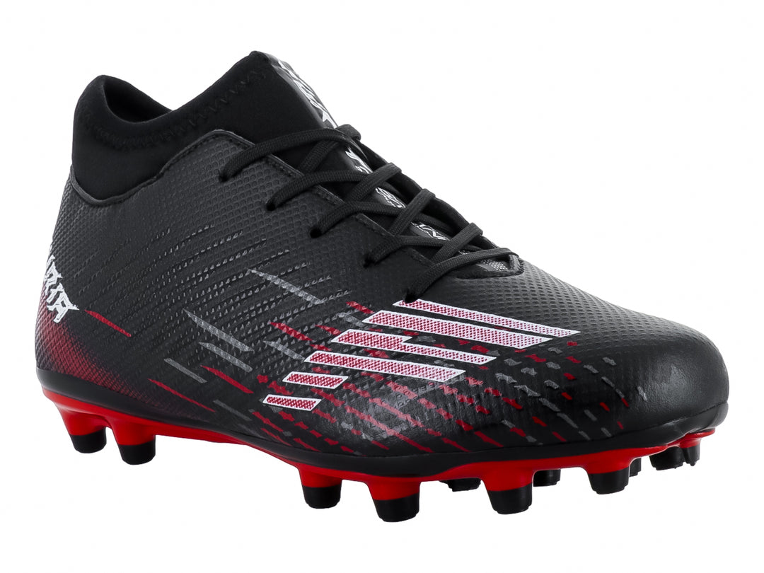 Zapato de fútbol Furia para niños en color negro con suela roja y detalles blancos