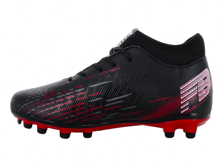 Zapato de fútbol Furia para niños en color negro con suela roja y detalles blancos