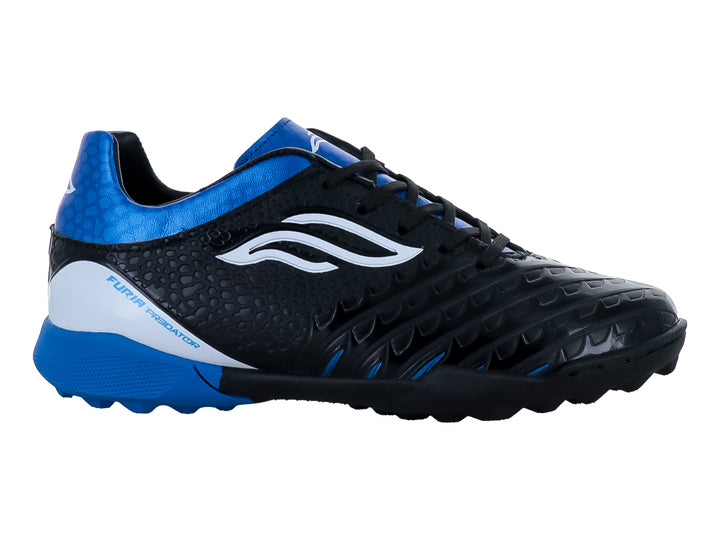 Zapato de fútbol Furia para niño en color negro con detalles en azul y blanco, suela para pasto sintético.