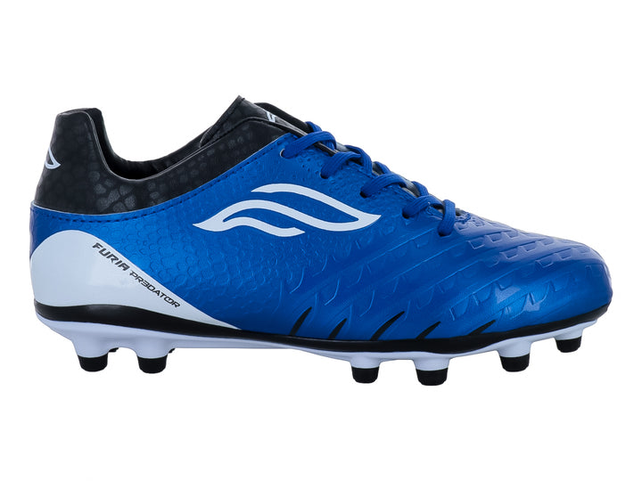 Zapato de fútbol para niños color azul con detalles blancos y negros, marca Furia.